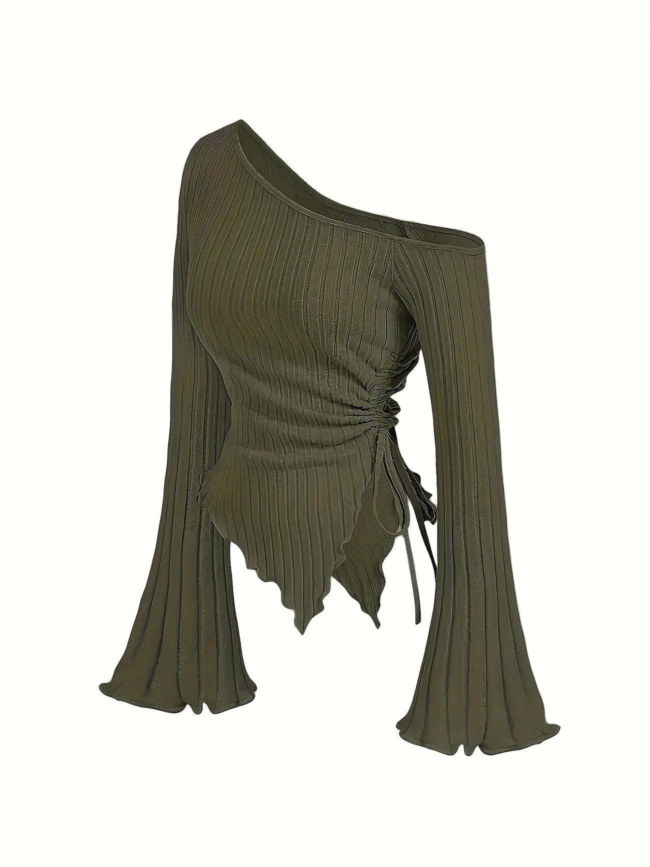 Women'S New off Shoulder Cross Long Sleeved Slim Fit Casual Street Style Asymmetrical Elegant T-Shirt Trumpet Sleeve Top