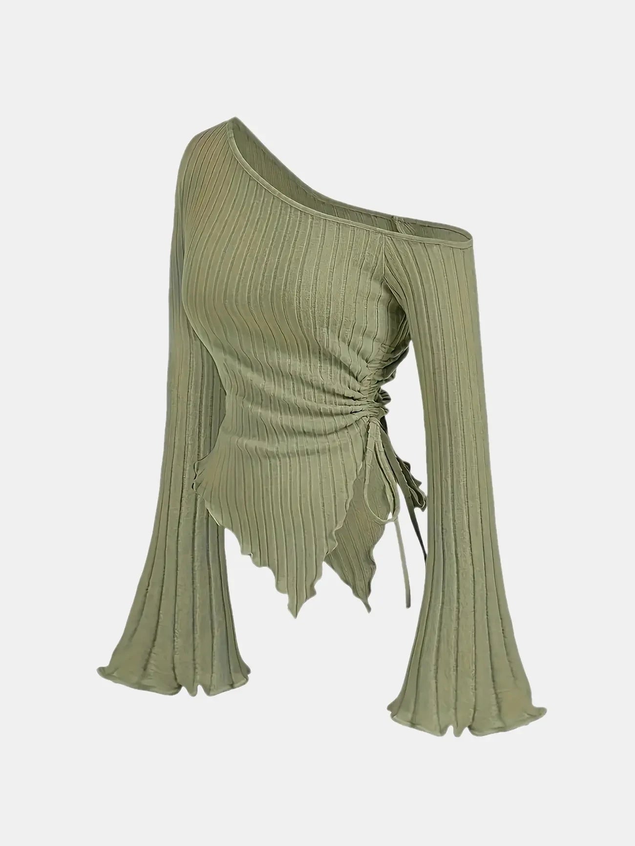 Women'S New off Shoulder Cross Long Sleeved Slim Fit Casual Street Style Asymmetrical Elegant T-Shirt Trumpet Sleeve Top