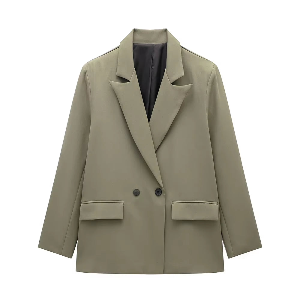 Women Fashion with Pockets Solid Double Breasted Blazer Vintage Long Sleeves Notched Neck Female Office Lady Outfits