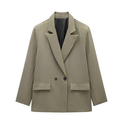 Women Fashion with Pockets Solid Double Breasted Blazer Vintage Long Sleeves Notched Neck Female Office Lady Outfits