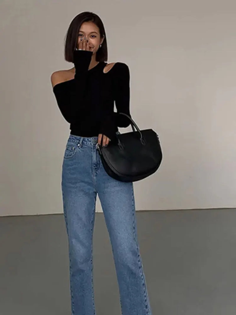 Fashion Skew Collar Off-Shoulder Long-Sleeved T-Shirts Women Spring New Solid Slim Fit Crop Top Sexy Hollow Out Tees Shirts