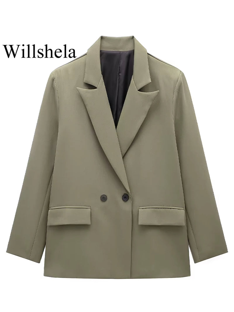 Women Fashion with Pockets Solid Double Breasted Blazer Vintage Long Sleeves Notched Neck Female Office Lady Outfits