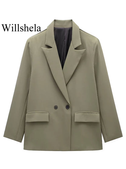 Women Fashion with Pockets Solid Double Breasted Blazer Vintage Long Sleeves Notched Neck Female Office Lady Outfits