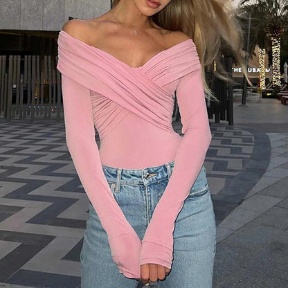 Women off Shoulder Shirts Short Shirts Fashion Front Cross Long Sleeve Slim Fit Tops Ladies Clothing Clubwear Female Streetwear