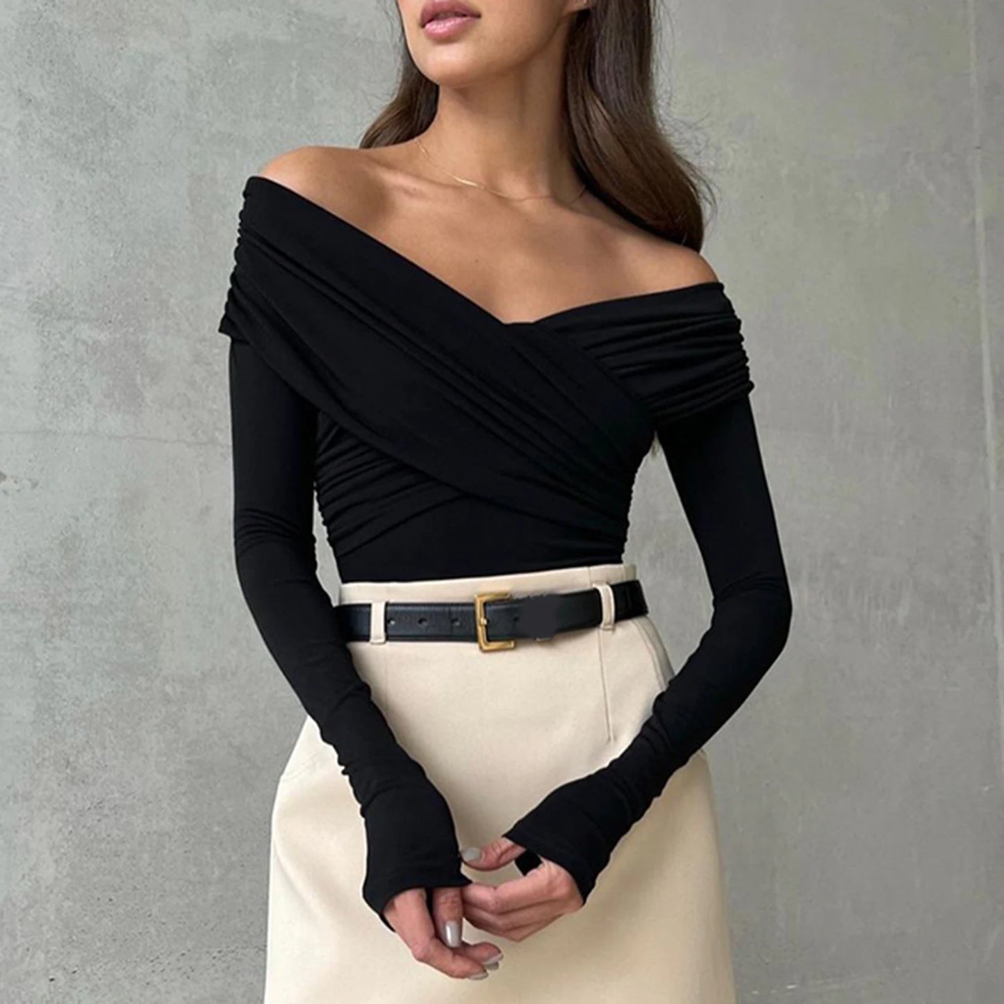 Women off Shoulder Shirts Short Shirts Fashion Front Cross Long Sleeve Slim Fit Tops Ladies Clothing Clubwear Female Streetwear