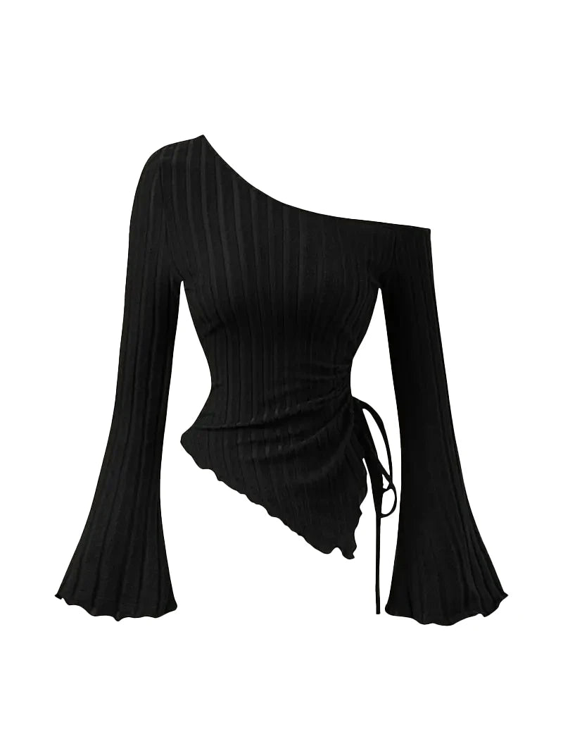Women'S New off Shoulder Cross Long Sleeved Slim Fit Casual Street Style Asymmetrical Elegant T-Shirt Trumpet Sleeve Top