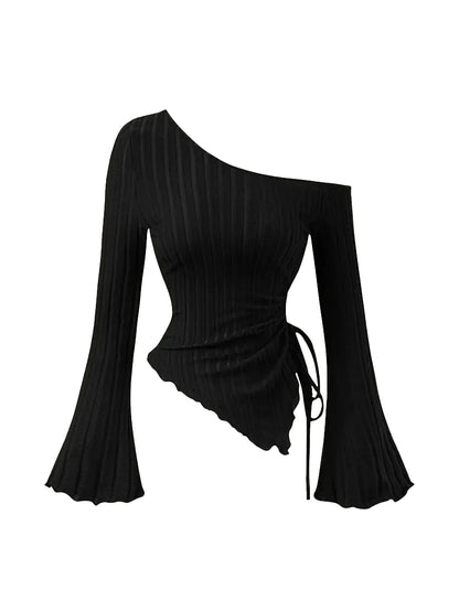 Women'S New off Shoulder Cross Long Sleeved Slim Fit Casual Street Style Asymmetrical Elegant T-Shirt Trumpet Sleeve Top