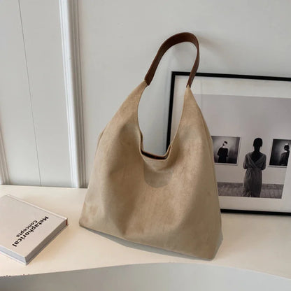 Autumn and Winter Vintage Women'S Bag Large Capacity Suede Shoulder Bag Solid Color Simple Casual Commuter Bag Retro Handbags
