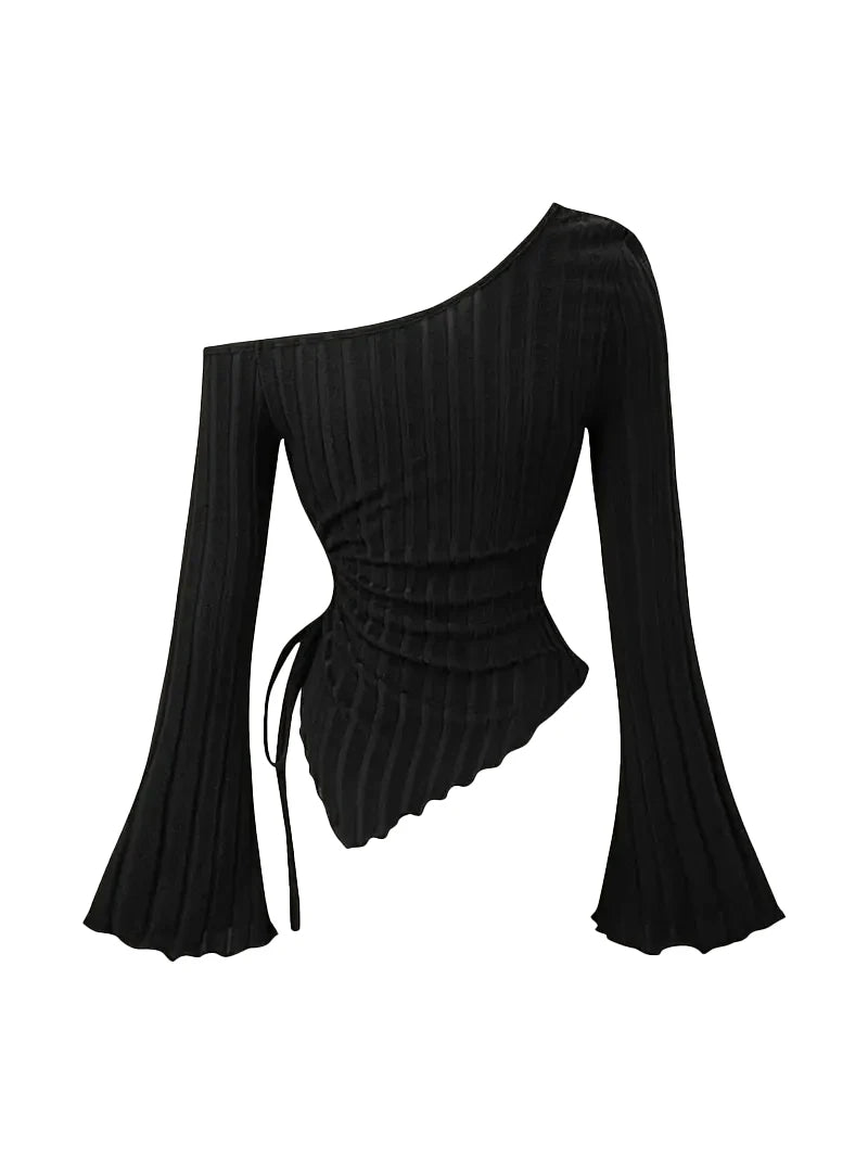 Women'S New off Shoulder Cross Long Sleeved Slim Fit Casual Street Style Asymmetrical Elegant T-Shirt Trumpet Sleeve Top
