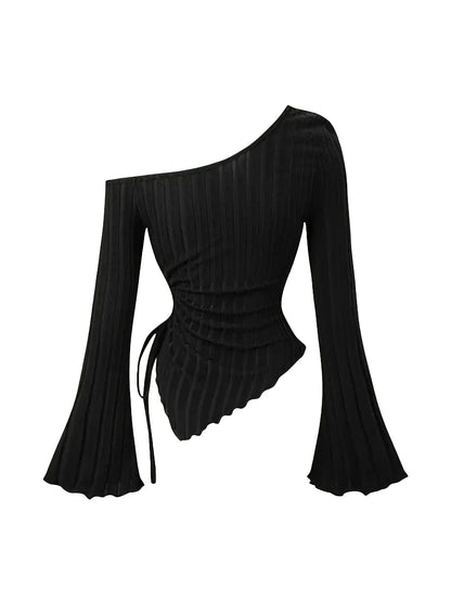 Women'S New off Shoulder Cross Long Sleeved Slim Fit Casual Street Style Asymmetrical Elegant T-Shirt Trumpet Sleeve Top