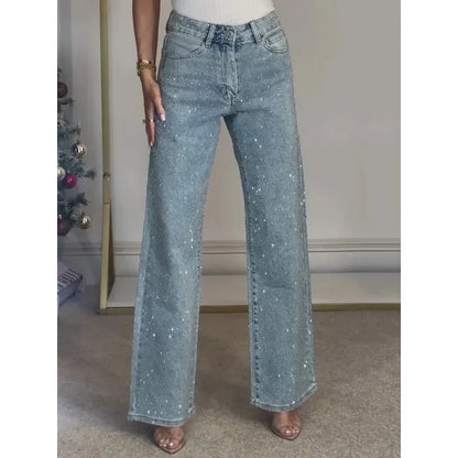 2025 Women Jeans Straight Diamonds Pants Stretch High Waist Washed Mom Jeans Y2K Streetwear Trousers Vintage Denims Streetwear
