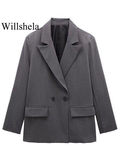 Women Fashion with Pockets Solid Double Breasted Blazer Vintage Long Sleeves Notched Neck Female Office Lady Outfits