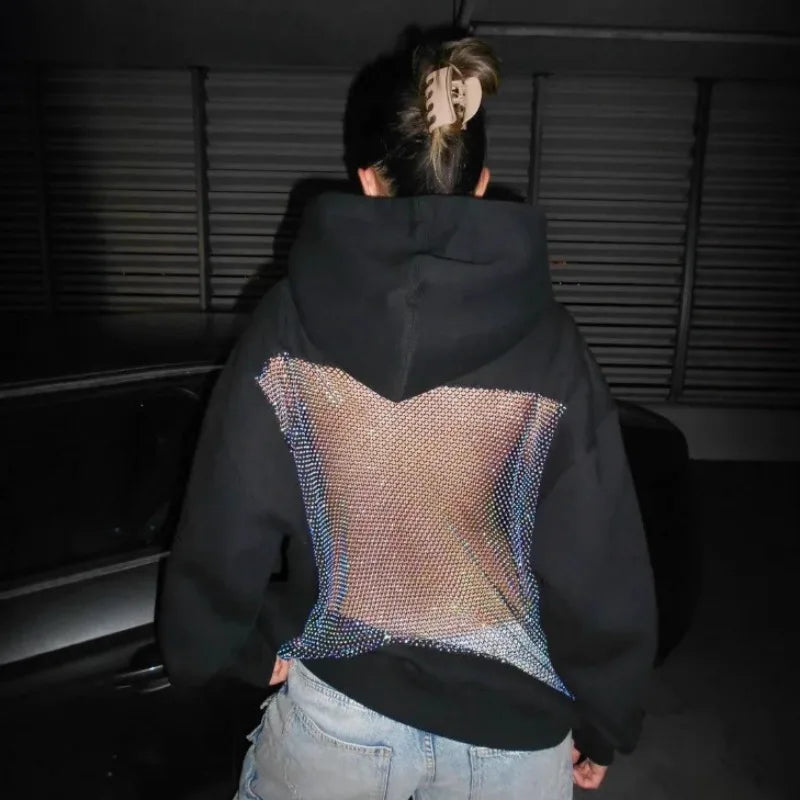 Women Backless Long Sleeve Gothic Sweatshirt Sexy Hollow Mesh Hoodie Shiny Translucent Y2K Pullover New Skateboarding Hoodie