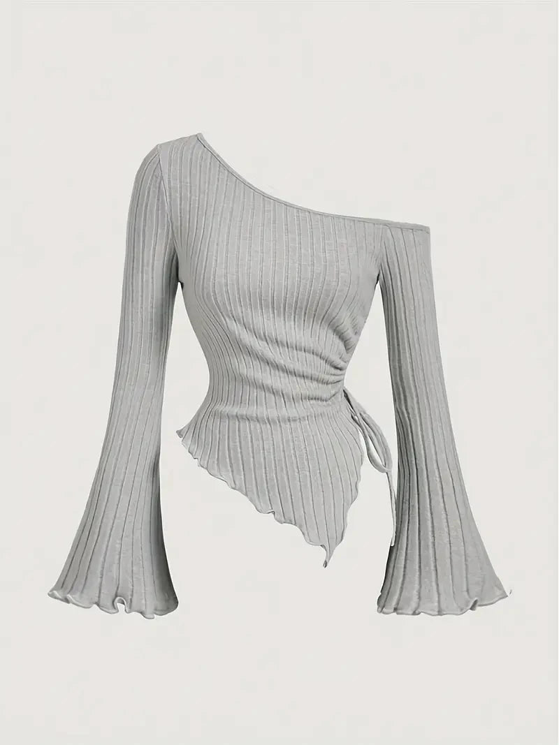 Women'S New off Shoulder Cross Long Sleeved Slim Fit Casual Street Style Asymmetrical Elegant T-Shirt Trumpet Sleeve Top