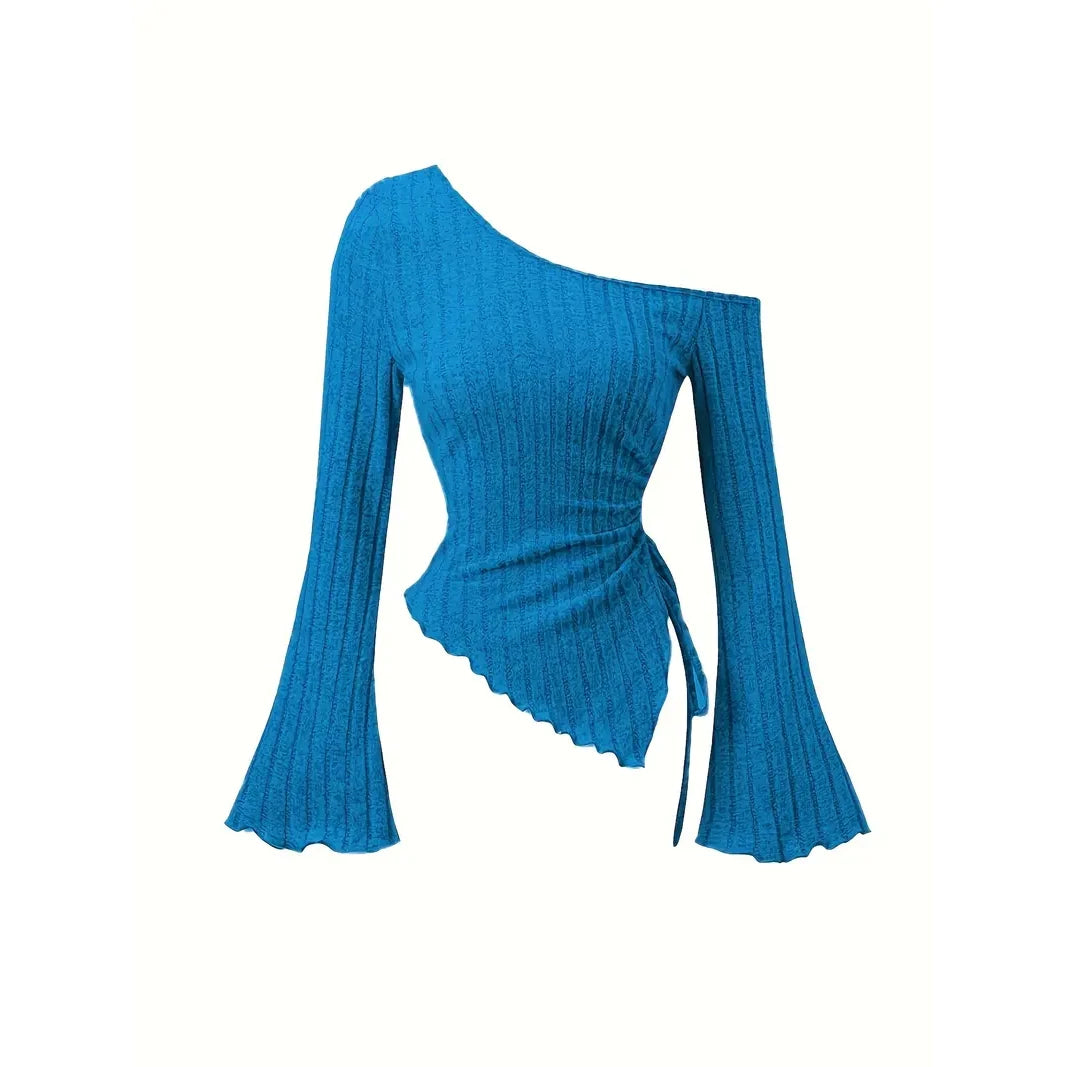 Women'S New off Shoulder Cross Long Sleeved Slim Fit Casual Street Style Asymmetrical Elegant T-Shirt Trumpet Sleeve Top