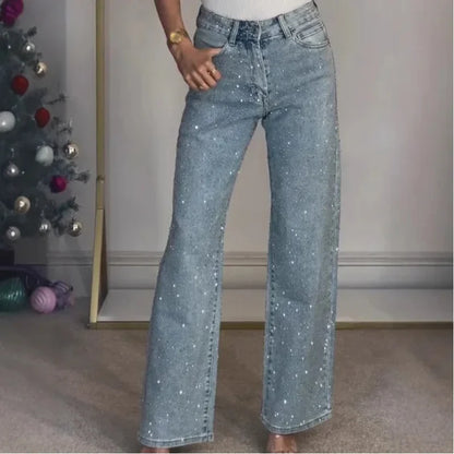 2025 Women Jeans Straight Diamonds Pants Stretch High Waist Washed Mom Jeans Y2K Streetwear Trousers Vintage Denims Streetwear