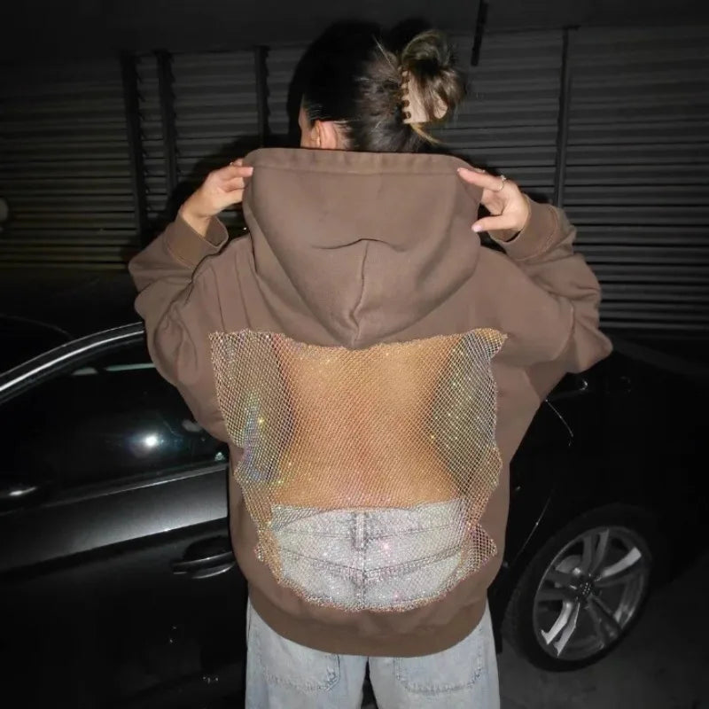 Women Backless Long Sleeve Gothic Sweatshirt Sexy Hollow Mesh Hoodie Shiny Translucent Y2K Pullover New Skateboarding Hoodie