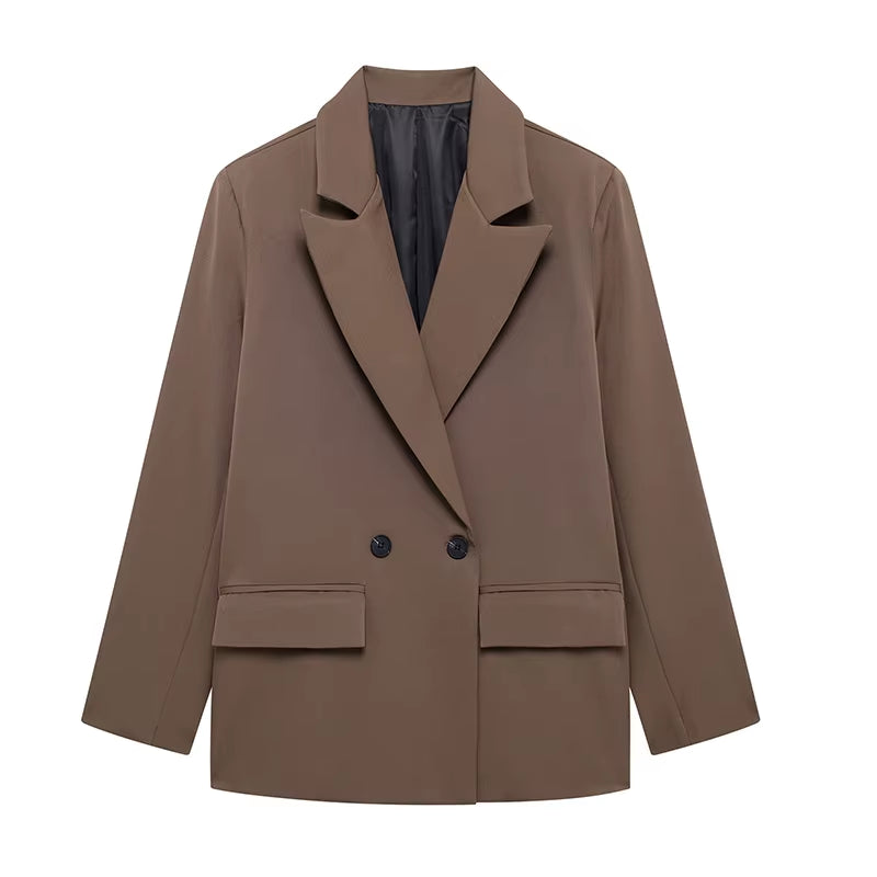 Women Fashion with Pockets Solid Double Breasted Blazer Vintage Long Sleeves Notched Neck Female Office Lady Outfits