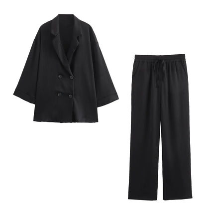 2024 Autumn Women Casual Blazer Coat Pants Set Long Sleeve Double Breasted Blazer + Wide Leg Trousers Lady Office Outfit