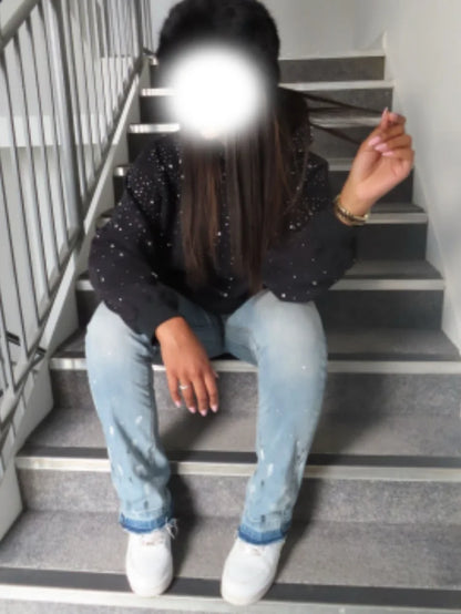 Rhinestone Studded Oversized Hoodie Women & Men Sparkle Starry Print Pullover Fall Winter Y2K Streetwear Punk Aesthetic