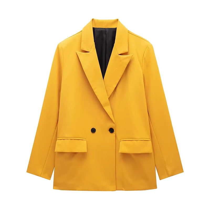 Women Fashion with Pockets Solid Double Breasted Blazer Vintage Long Sleeves Notched Neck Female Office Lady Outfits