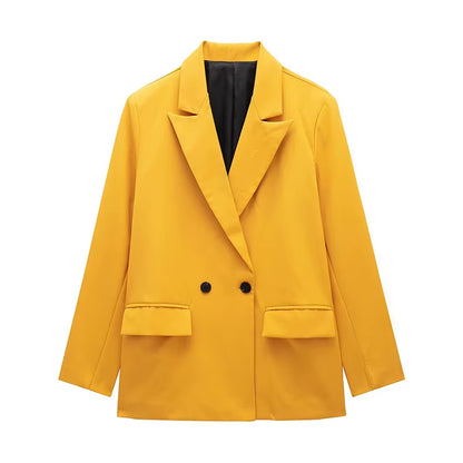Women Fashion with Pockets Solid Double Breasted Blazer Vintage Long Sleeves Notched Neck Female Office Lady Outfits