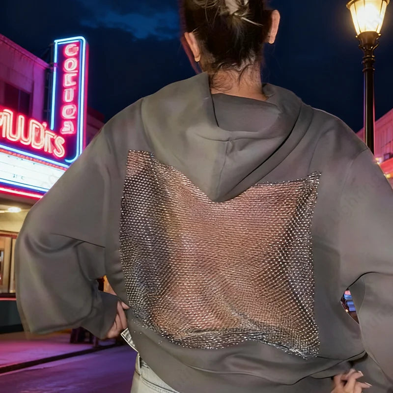 Women Backless Long Sleeve Gothic Sweatshirt Sexy Hollow Mesh Hoodie Shiny Translucent Y2K Pullover New Skateboarding Hoodie