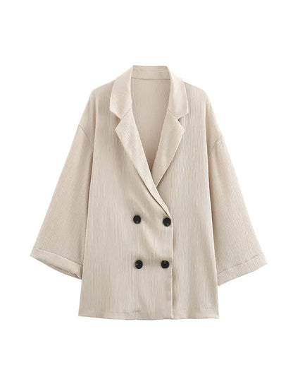 2024 Autumn Women Casual Blazer Coat Pants Set Long Sleeve Double Breasted Blazer + Wide Leg Trousers Lady Office Outfit