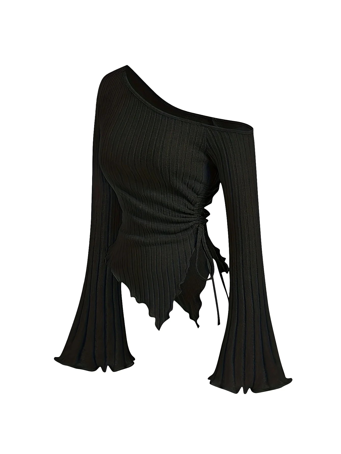 Women'S New off Shoulder Cross Long Sleeved Slim Fit Casual Street Style Asymmetrical Elegant T-Shirt Trumpet Sleeve Top