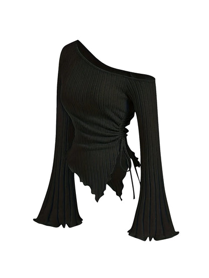 Women'S New off Shoulder Cross Long Sleeved Slim Fit Casual Street Style Asymmetrical Elegant T-Shirt Trumpet Sleeve Top