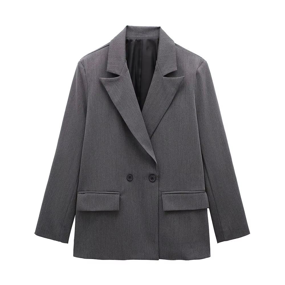 Women Fashion with Pockets Solid Double Breasted Blazer Vintage Long Sleeves Notched Neck Female Office Lady Outfits