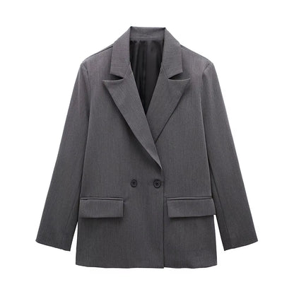 Women Fashion with Pockets Solid Double Breasted Blazer Vintage Long Sleeves Notched Neck Female Office Lady Outfits