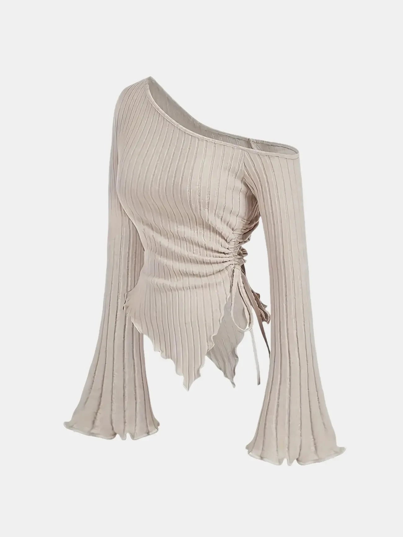Women'S New off Shoulder Cross Long Sleeved Slim Fit Casual Street Style Asymmetrical Elegant T-Shirt Trumpet Sleeve Top