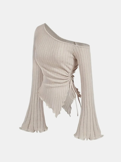 Women'S New off Shoulder Cross Long Sleeved Slim Fit Casual Street Style Asymmetrical Elegant T-Shirt Trumpet Sleeve Top