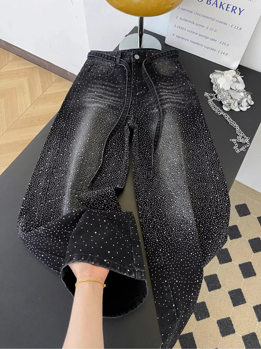 Glittering Rhinestone Denim Pants Women'S Jeans New Wide Leg Design Sensation Floor-Length Pants Loose Jeans