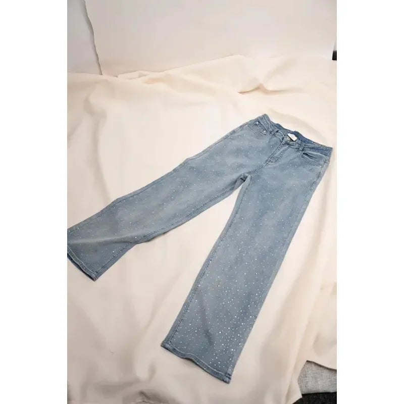 2025 Women Jeans Straight Diamonds Pants Stretch High Waist Washed Mom Jeans Y2K Streetwear Trousers Vintage Denims Streetwear