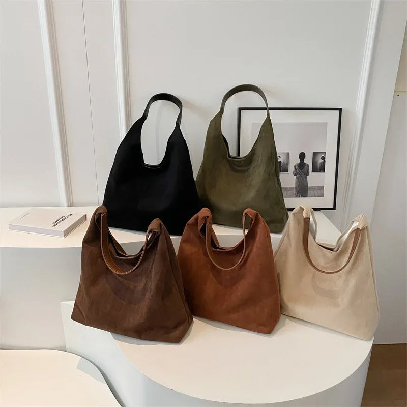 Autumn and Winter Vintage Women'S Bag Large Capacity Suede Shoulder Bag Solid Color Simple Casual Commuter Bag Retro Handbags