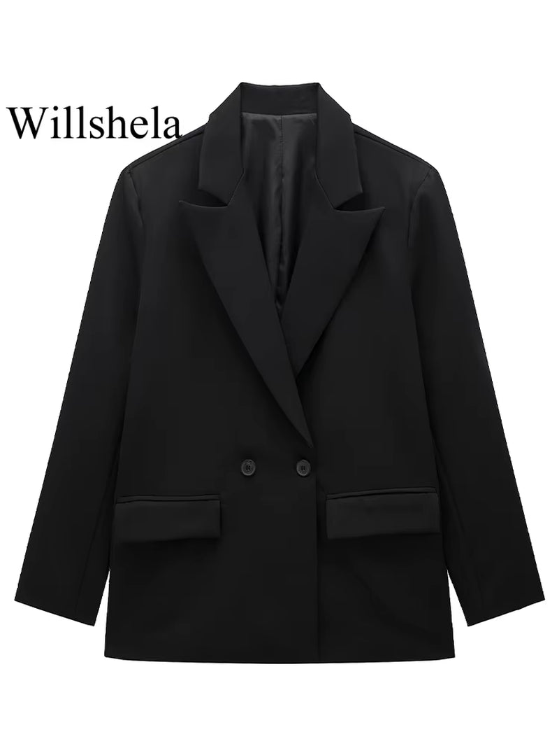 Women Fashion with Pockets Solid Double Breasted Blazer Vintage Long Sleeves Notched Neck Female Office Lady Outfits