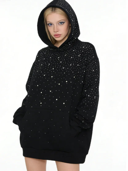 Rhinestone Studded Oversized Hoodie Women & Men Sparkle Starry Print Pullover Fall Winter Y2K Streetwear Punk Aesthetic