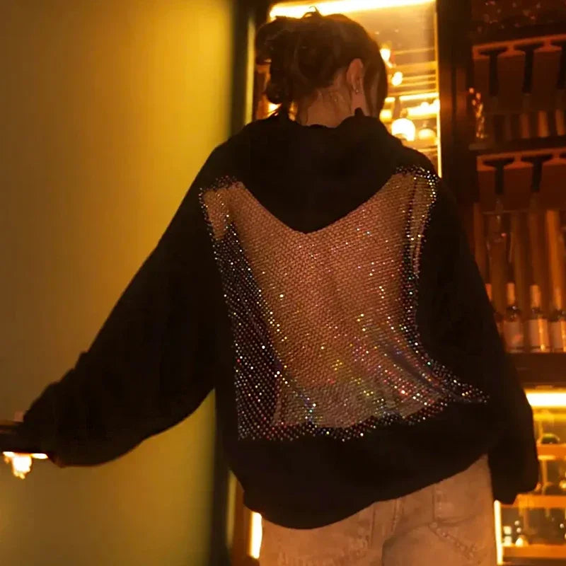 Women Backless Long Sleeve Gothic Sweatshirt Sexy Hollow Mesh Hoodie Shiny Translucent Y2K Pullover New Skateboarding Hoodie