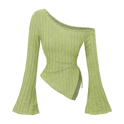 Women'S New off Shoulder Cross Long Sleeved Slim Fit Casual Street Style Asymmetrical Elegant T-Shirt Trumpet Sleeve Top