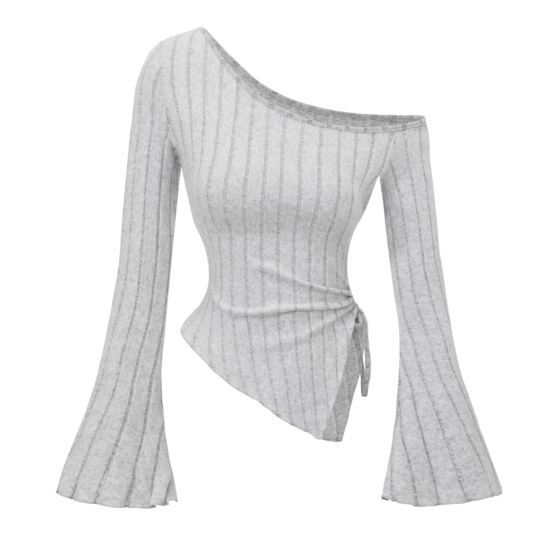 Women'S New off Shoulder Cross Long Sleeved Slim Fit Casual Street Style Asymmetrical Elegant T-Shirt Trumpet Sleeve Top