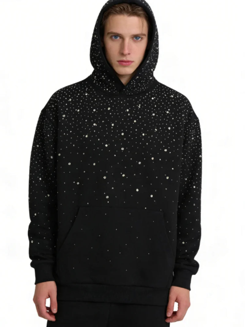 Rhinestone Studded Oversized Hoodie Women & Men Sparkle Starry Print Pullover Fall Winter Y2K Streetwear Punk Aesthetic