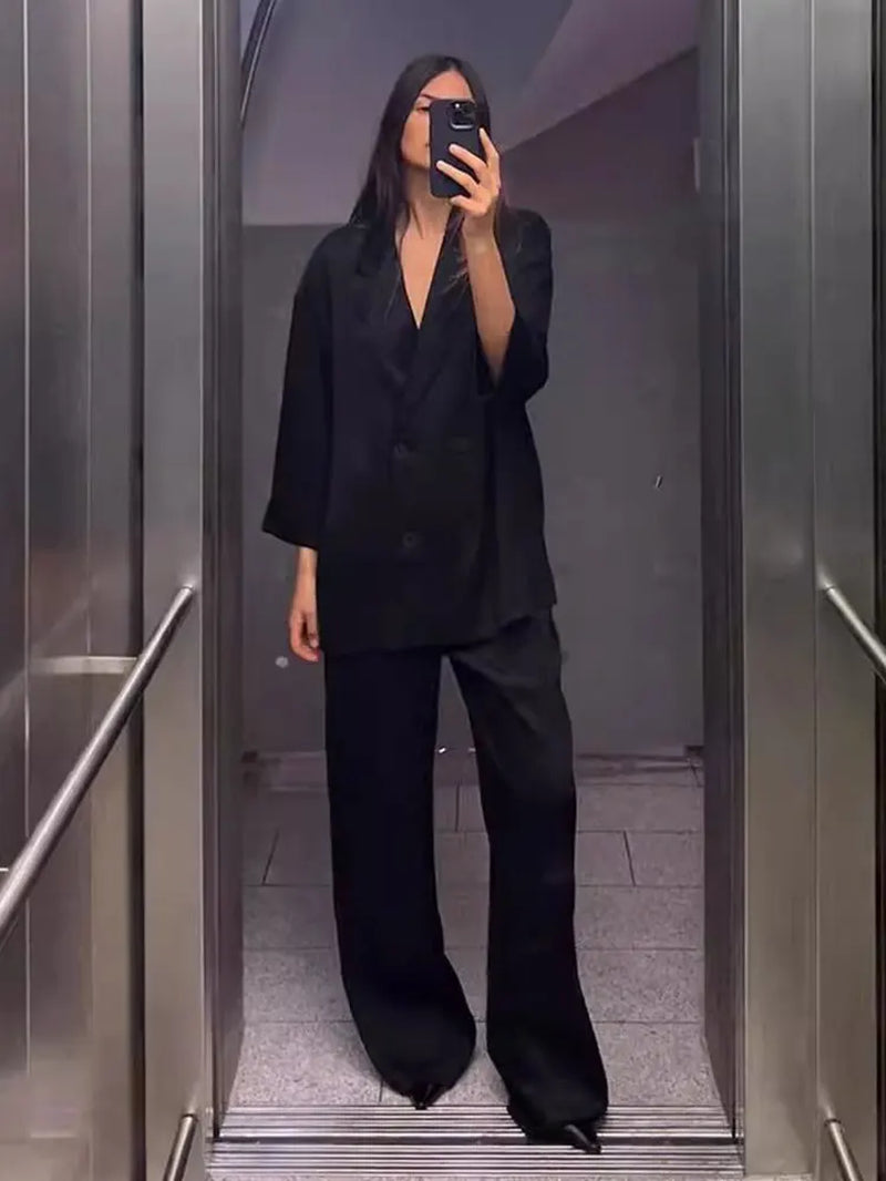 2024 Autumn Women Casual Blazer Coat Pants Set Long Sleeve Double Breasted Blazer + Wide Leg Trousers Lady Office Outfit