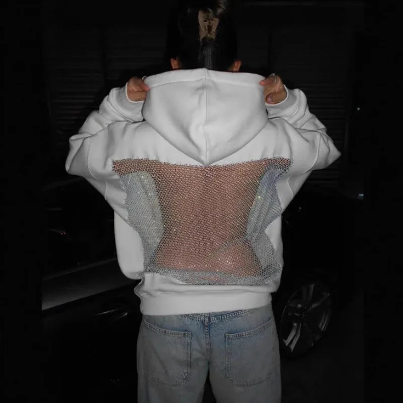 Women Backless Long Sleeve Gothic Sweatshirt Sexy Hollow Mesh Hoodie Shiny Translucent Y2K Pullover New Skateboarding Hoodie