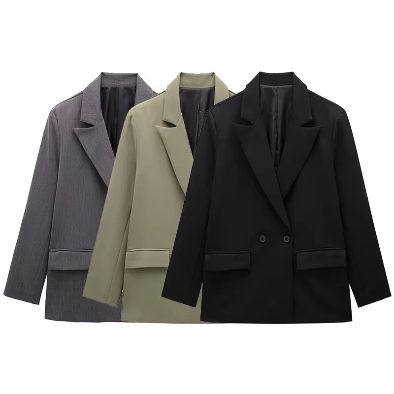 Women Fashion with Pockets Solid Double Breasted Blazer Vintage Long Sleeves Notched Neck Female Office Lady Outfits