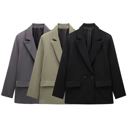 Women Fashion with Pockets Solid Double Breasted Blazer Vintage Long Sleeves Notched Neck Female Office Lady Outfits