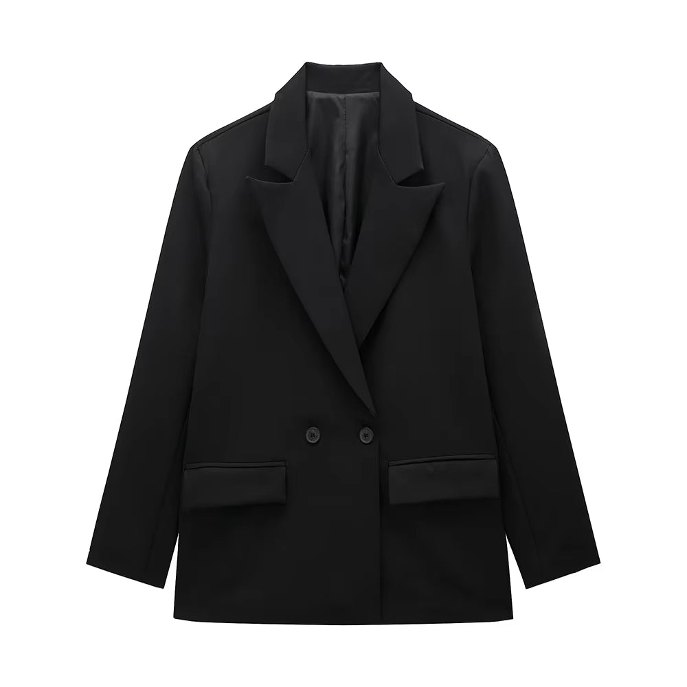 Women Fashion with Pockets Solid Double Breasted Blazer Vintage Long Sleeves Notched Neck Female Office Lady Outfits
