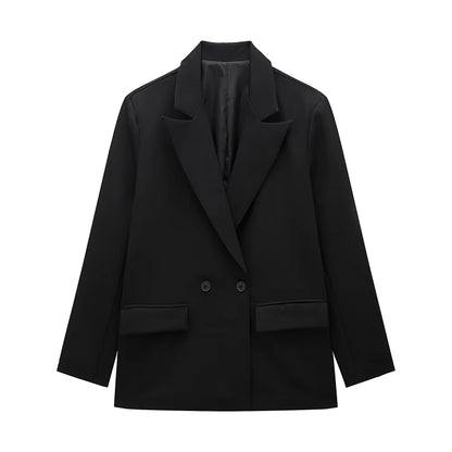 Women Fashion with Pockets Solid Double Breasted Blazer Vintage Long Sleeves Notched Neck Female Office Lady Outfits