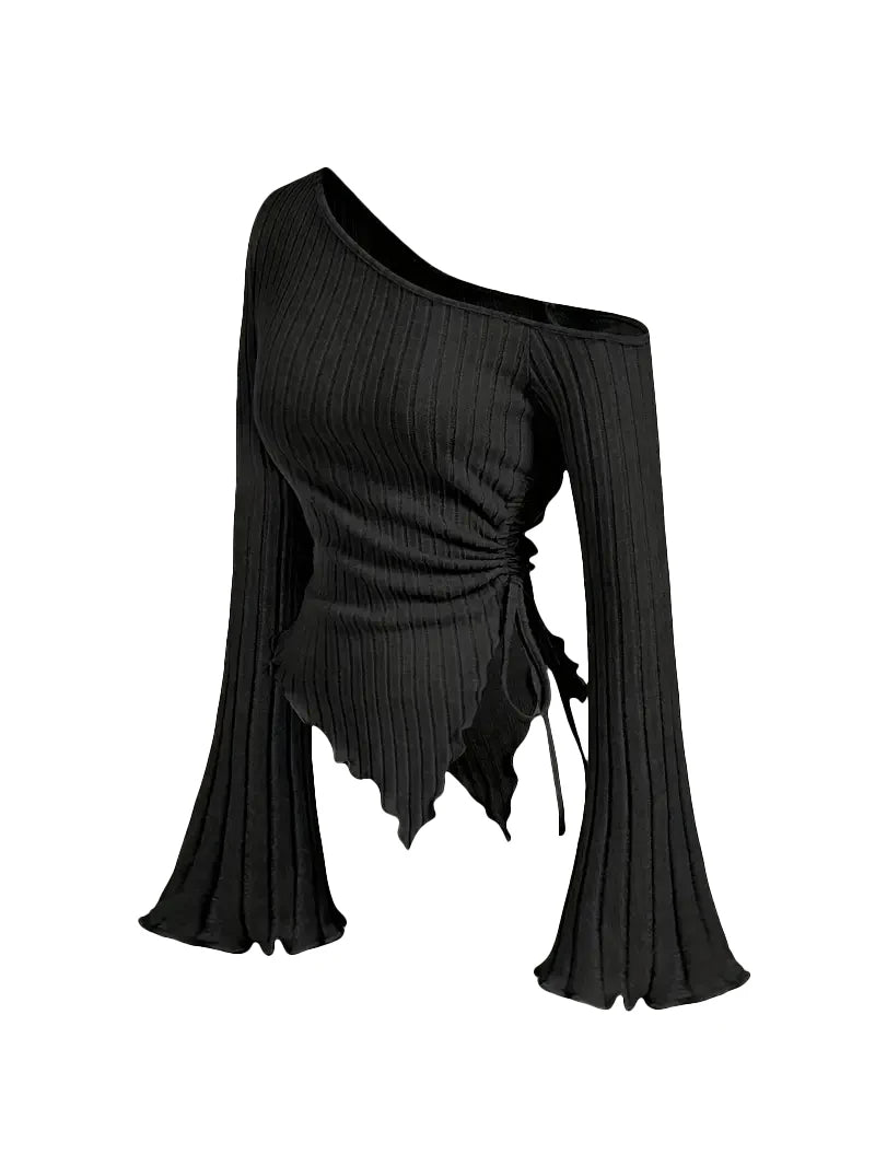 Women'S New off Shoulder Cross Long Sleeved Slim Fit Casual Street Style Asymmetrical Elegant T-Shirt Trumpet Sleeve Top